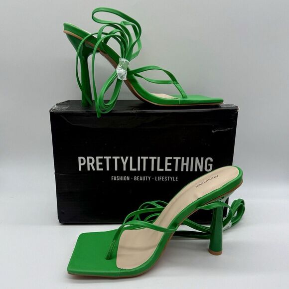 PrettyLittleThing Pu ThongLace Tie Up Circle Heeled Sandals New - Picture 1 of 8